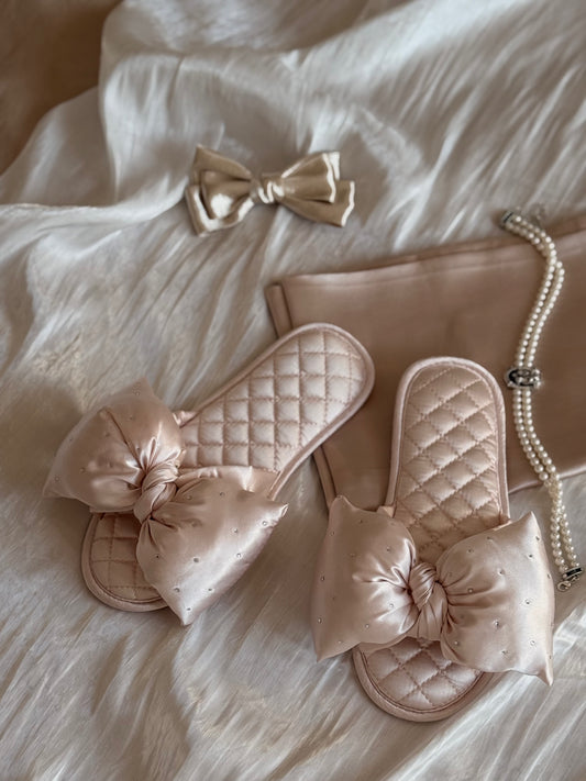 Oversized Bow Satin Rhinestone Slides