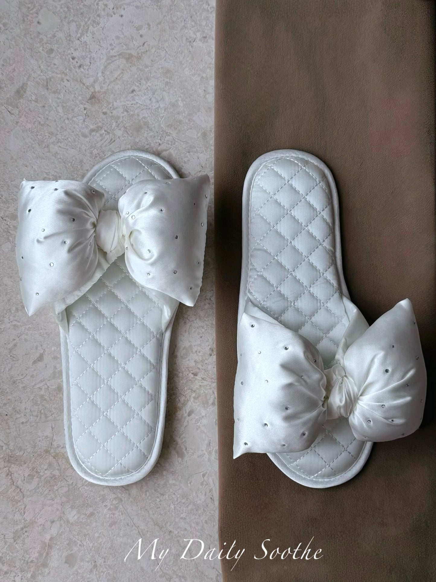Oversized Bow Satin Rhinestone Slides
