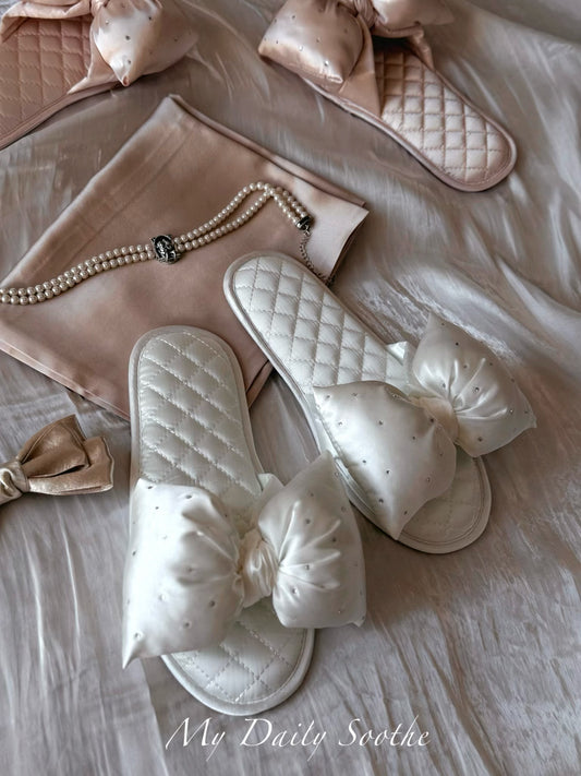 Oversized Bow Satin Rhinestone Slides