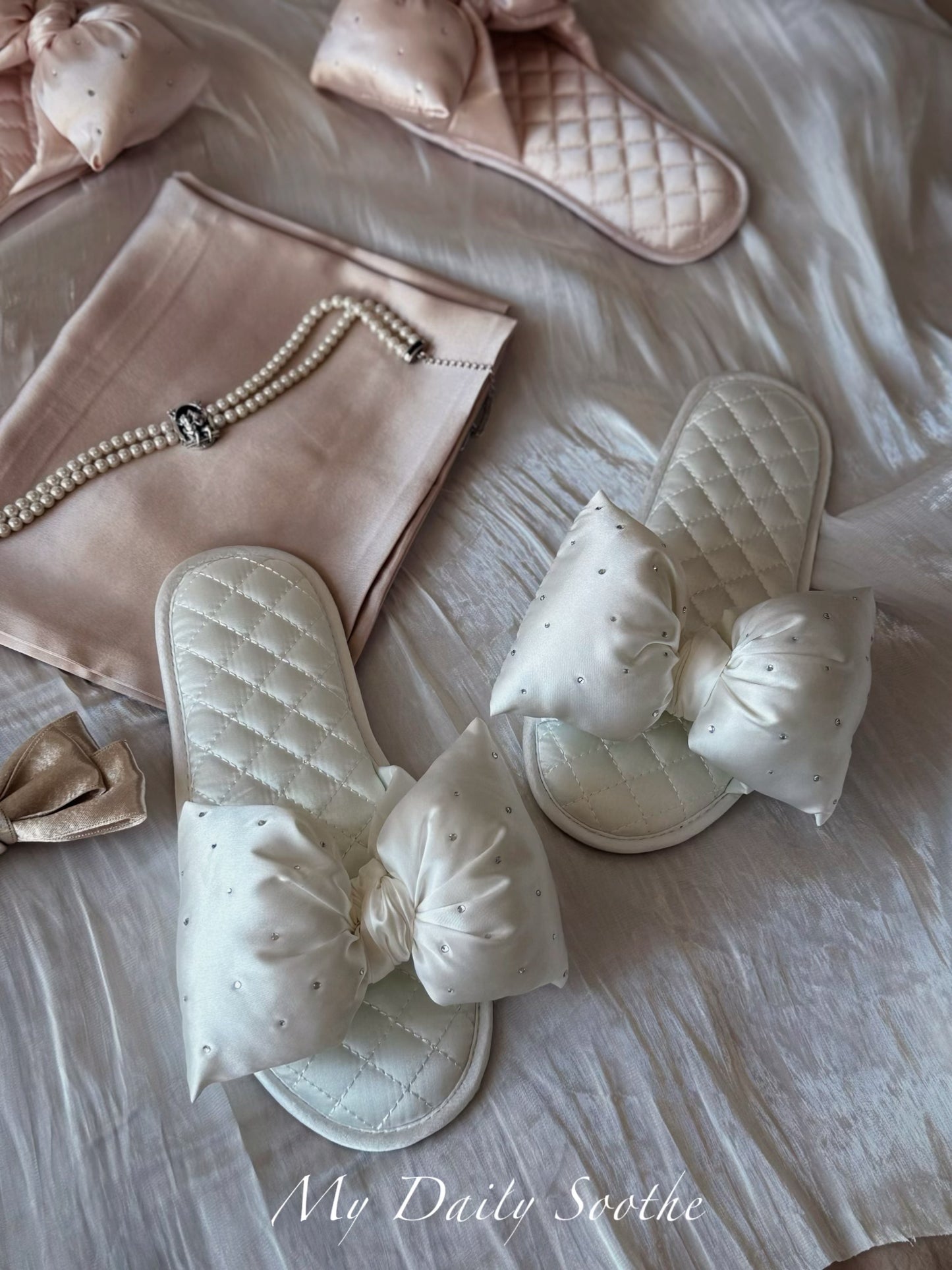 Oversized Bow Satin Rhinestone Slides